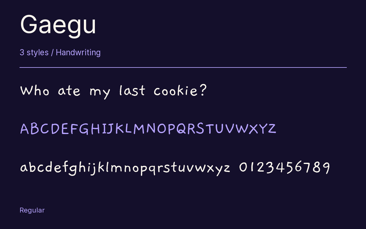 Gaegu type specimen with letters and figures