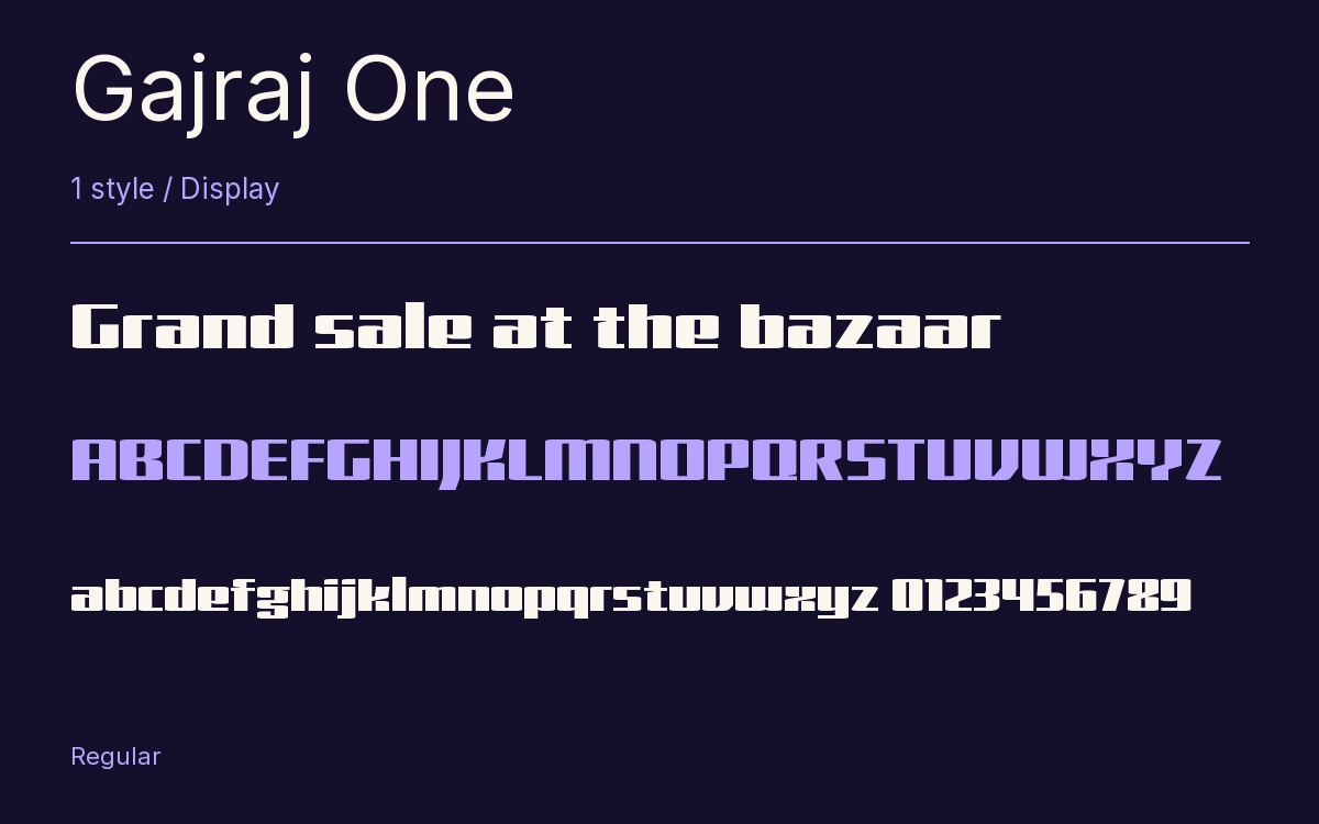 Gajraj One type specimen with letters and figures
