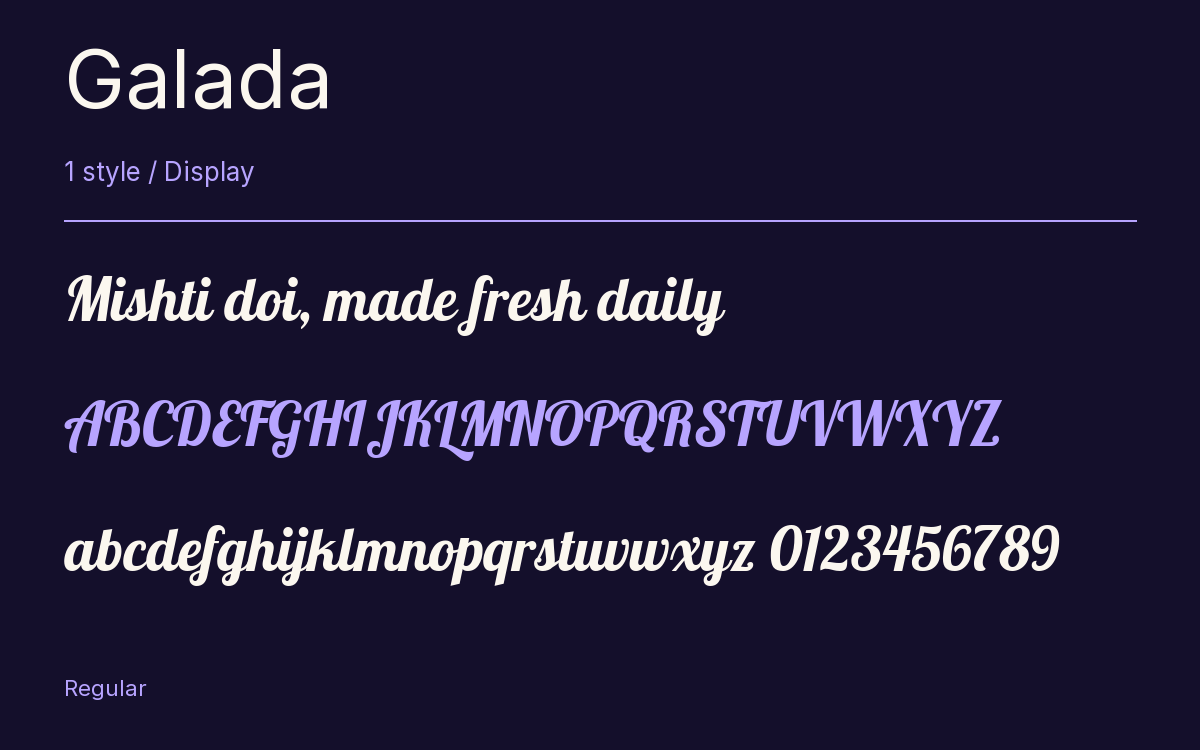 Galada type specimen with letters and figures