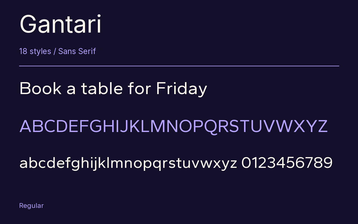 Gantari type specimen with letters and figures