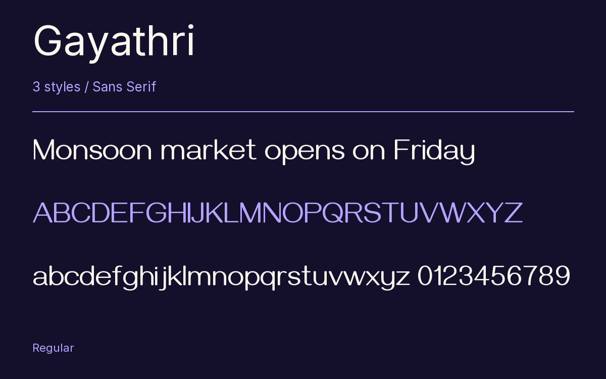 Gayathri type specimen with letters and figures