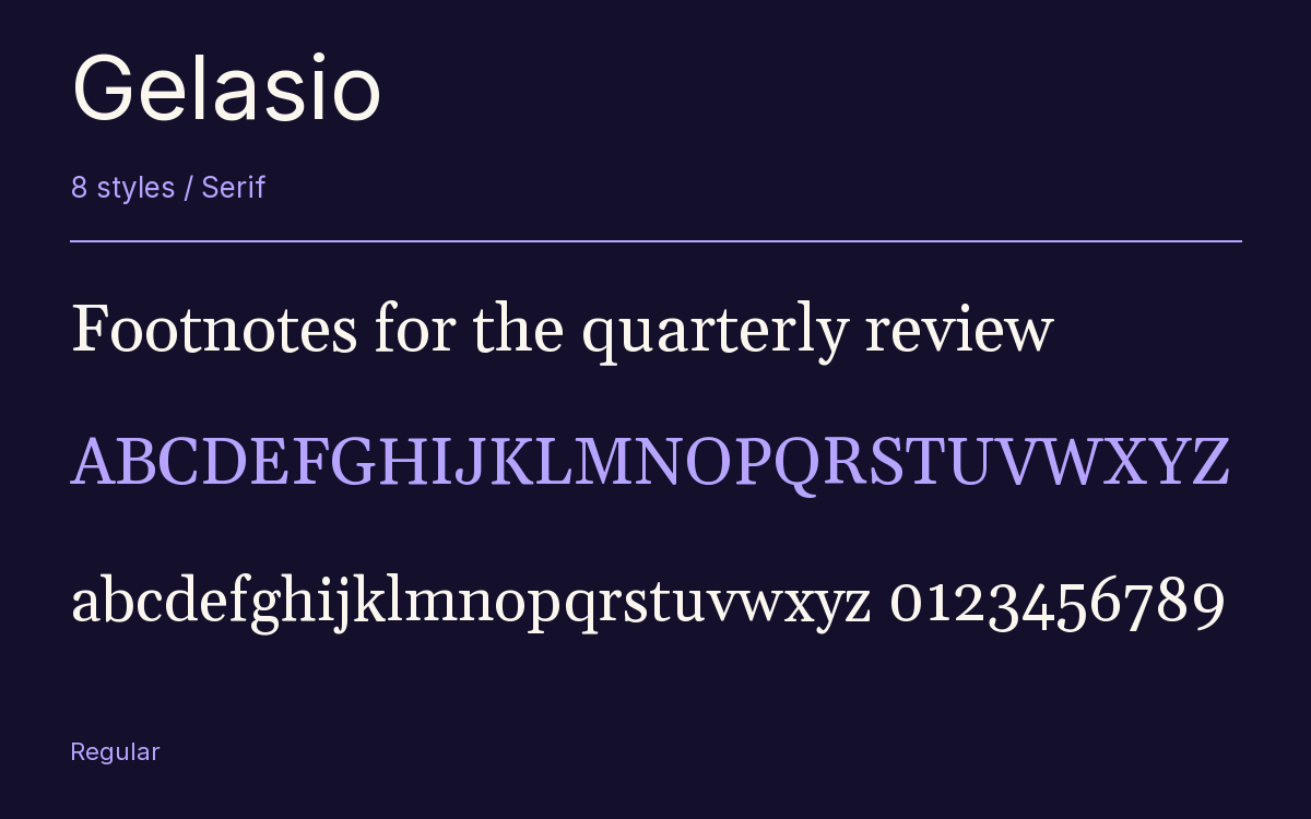 Gelasio type specimen with letters and figures