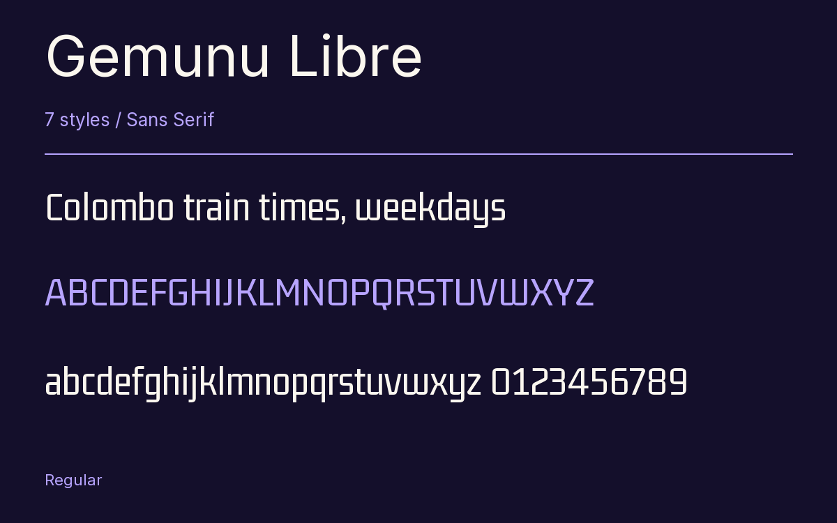 Gemunu Libre type specimen with letters and figures