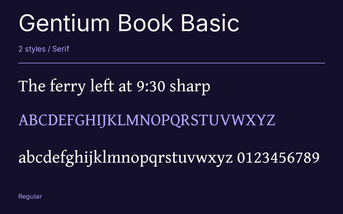 Gentium Book Basic type specimen with letters and figures