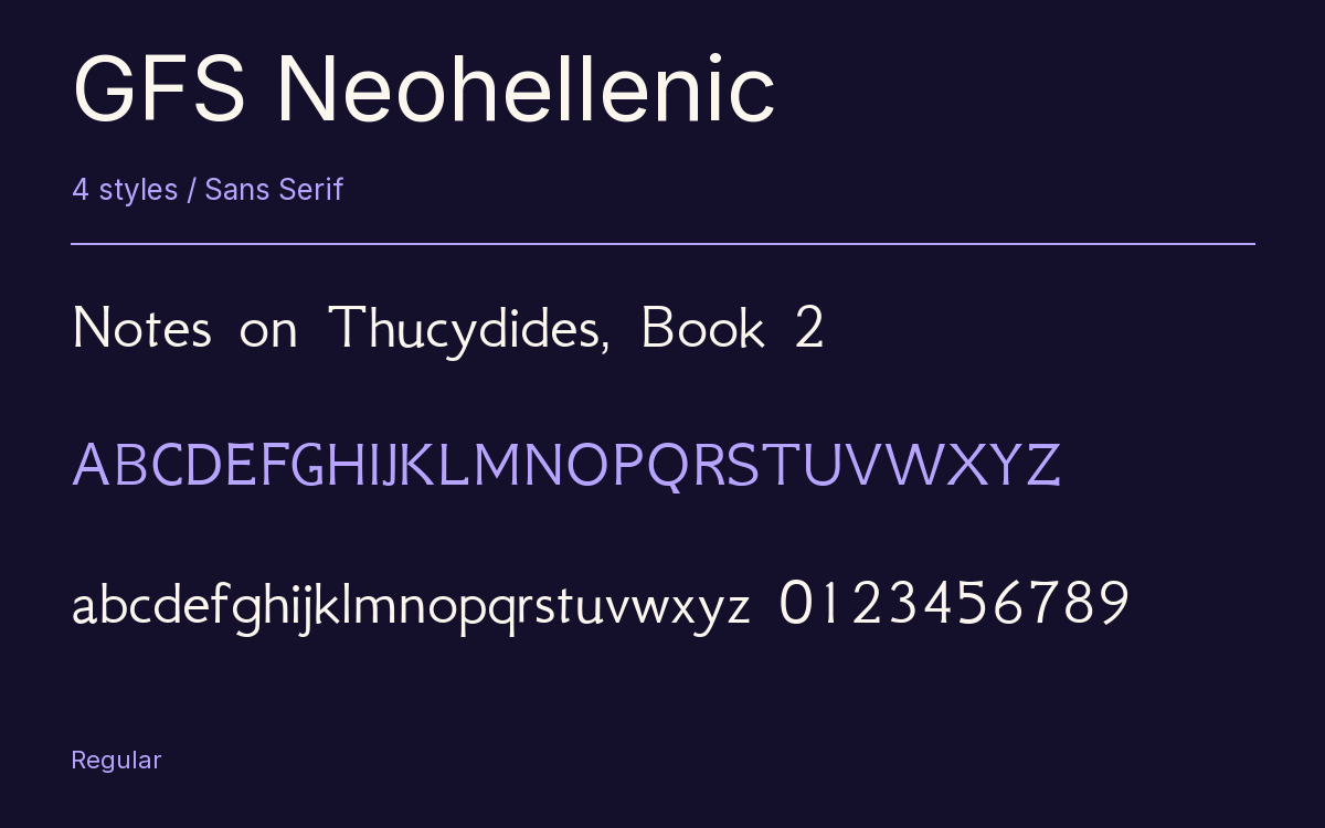 GFS Neohellenic type specimen with letters and figures