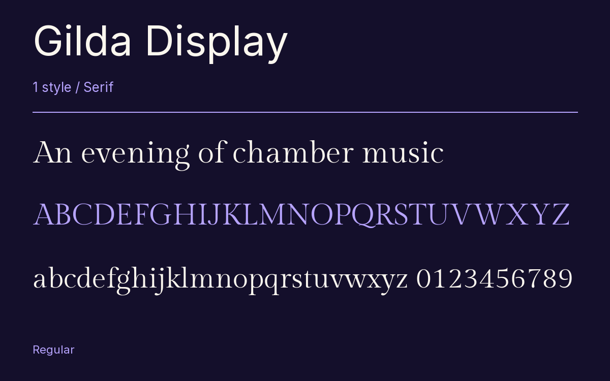 Gilda Display type specimen with letters and figures