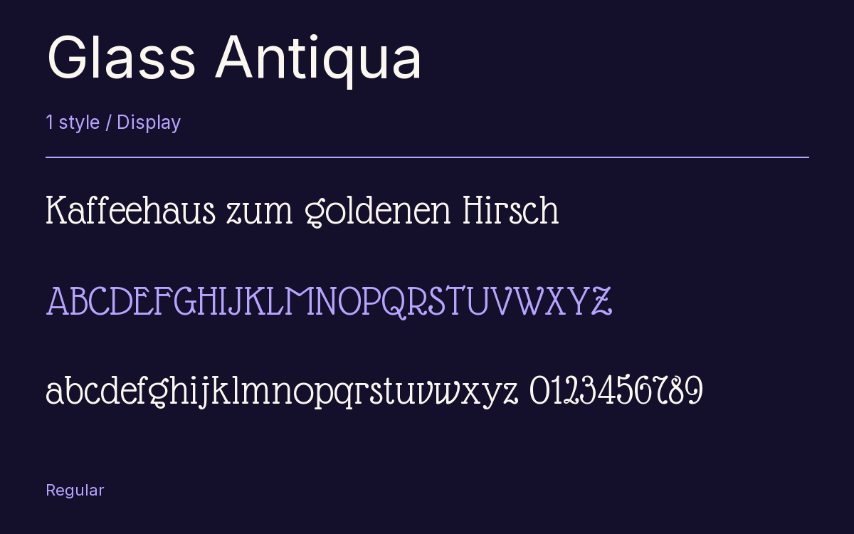 Glass Antiqua type specimen with letters and figures