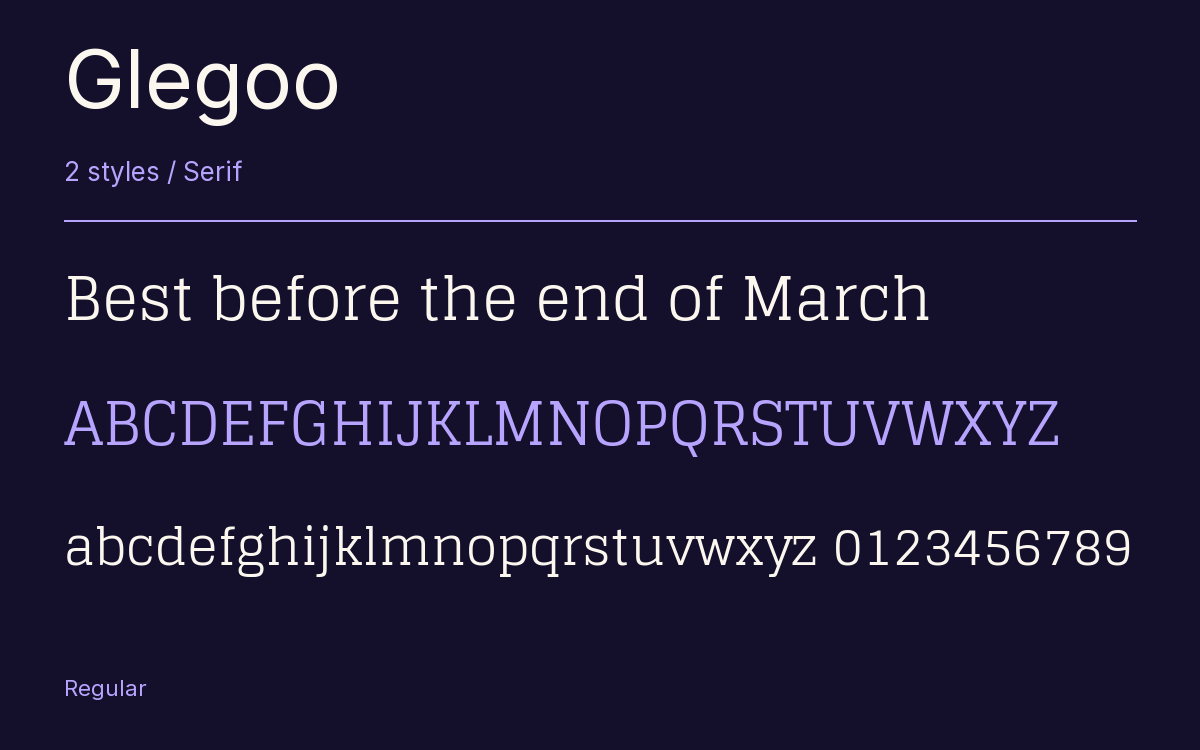 Glegoo type specimen with letters and figures