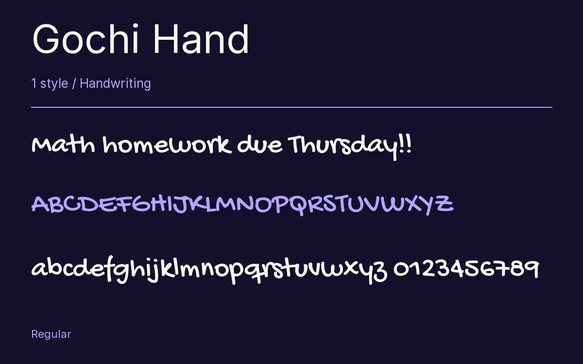Gochi Hand type specimen with letters and figures