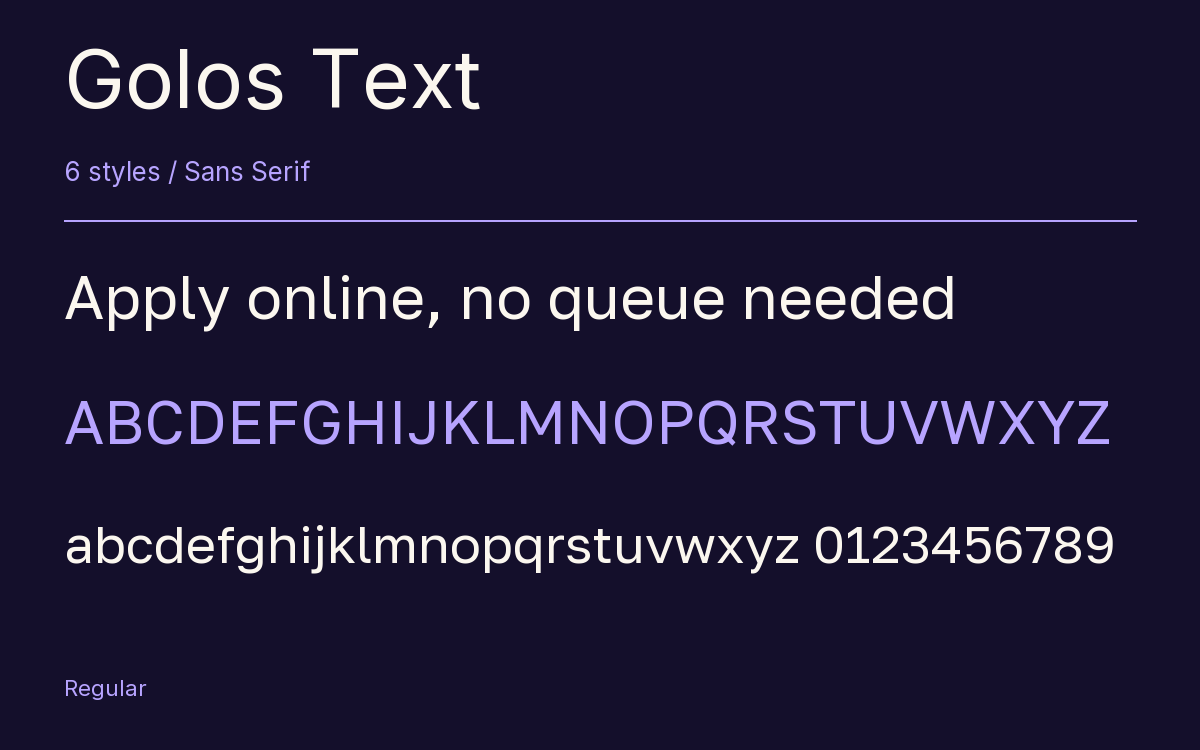 Golos Text type specimen with letters and figures
