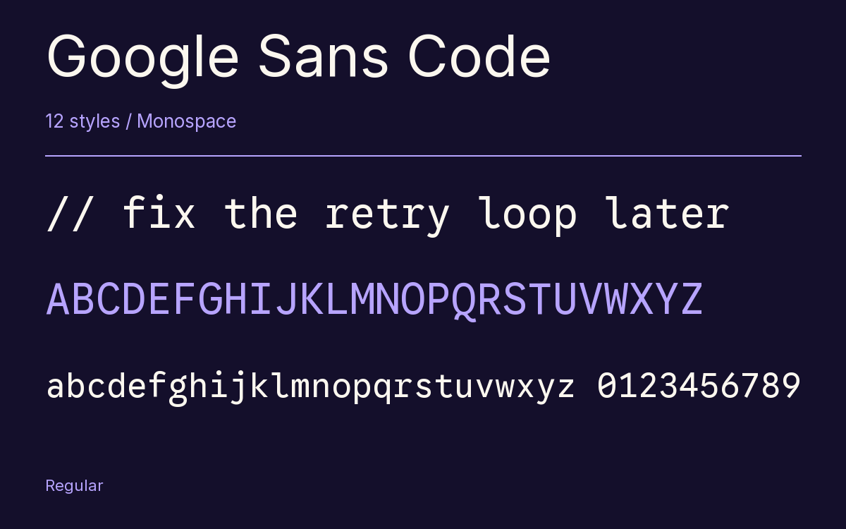 Google Sans Code type specimen with letters and figures