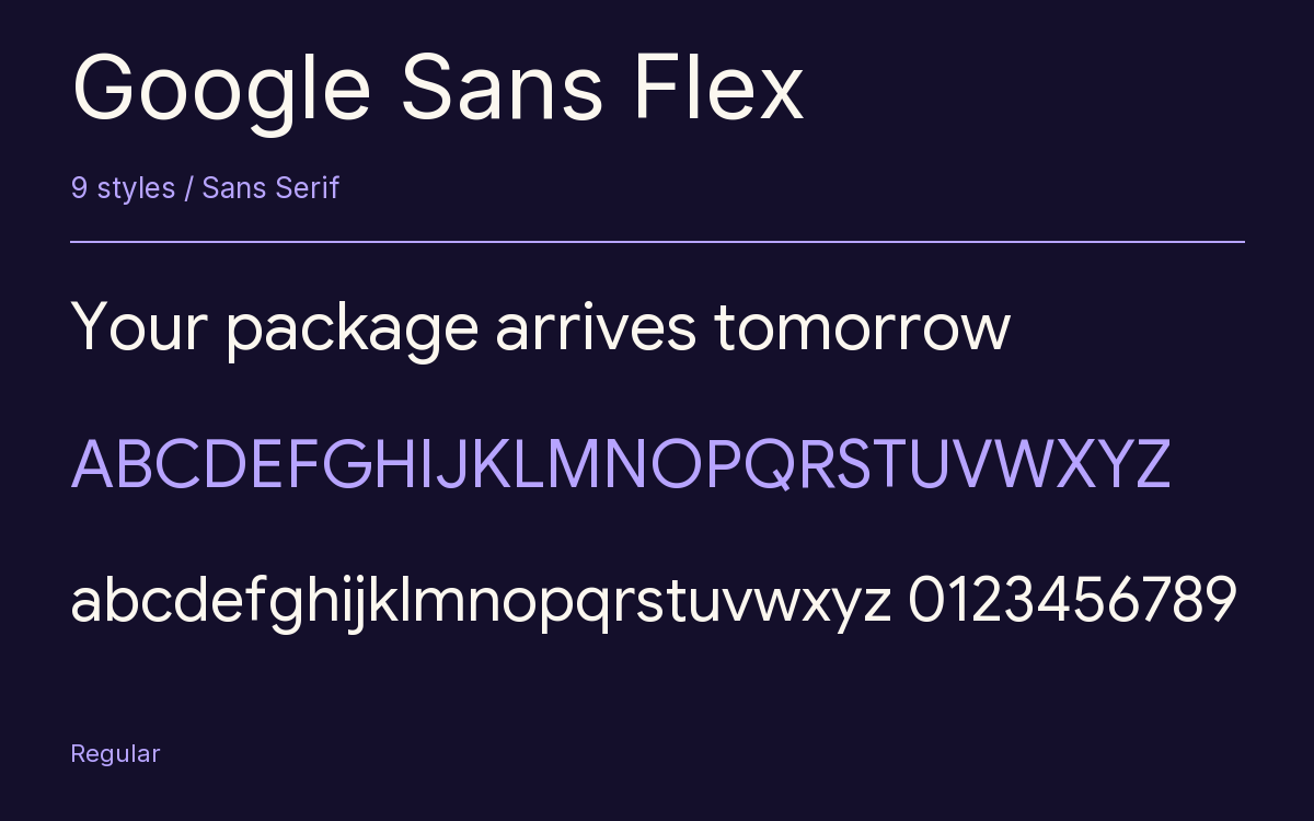 Google Sans Flex type specimen with letters and figures
