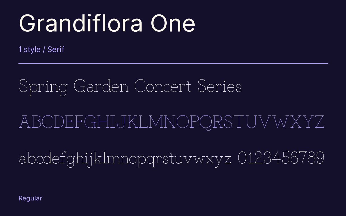 Grandiflora One type specimen with letters and figures
