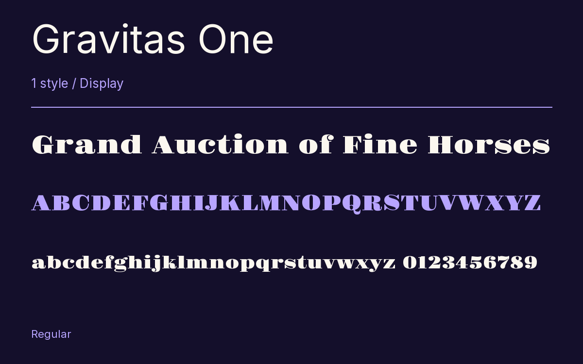 Gravitas One type specimen with letters and figures