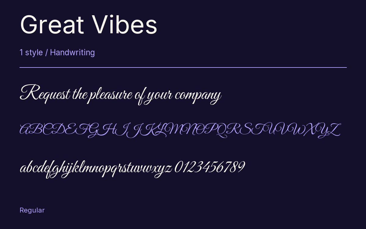 Great Vibes type specimen with letters and figures