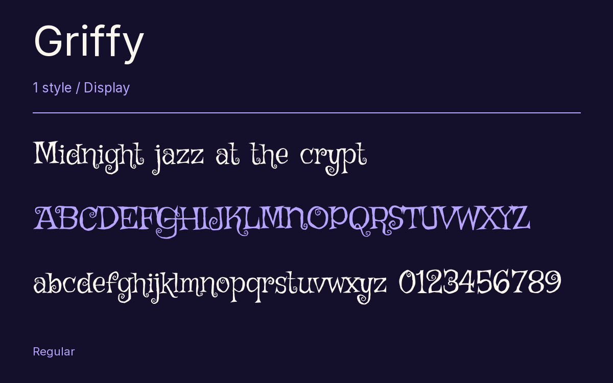 Griffy type specimen with letters and figures