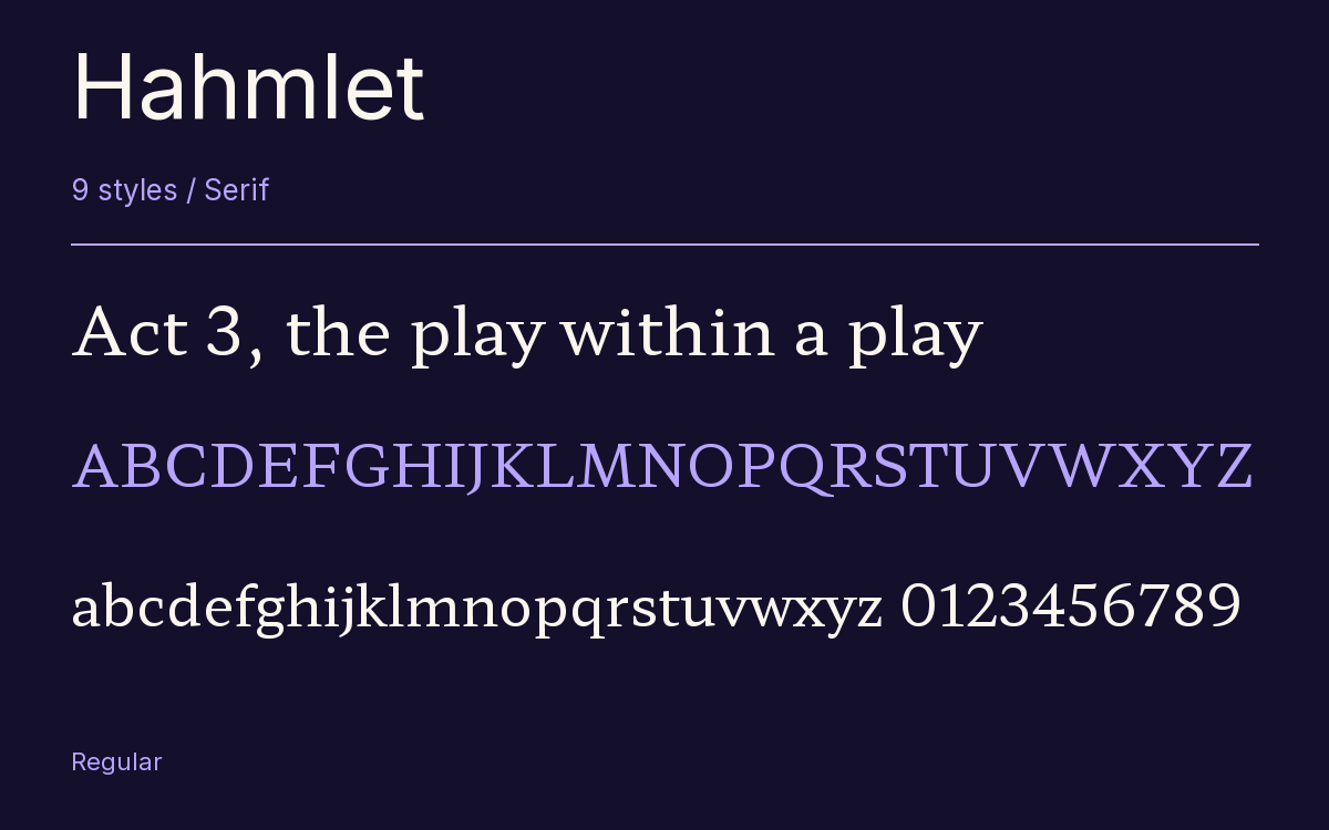 Hahmlet type specimen with letters and figures