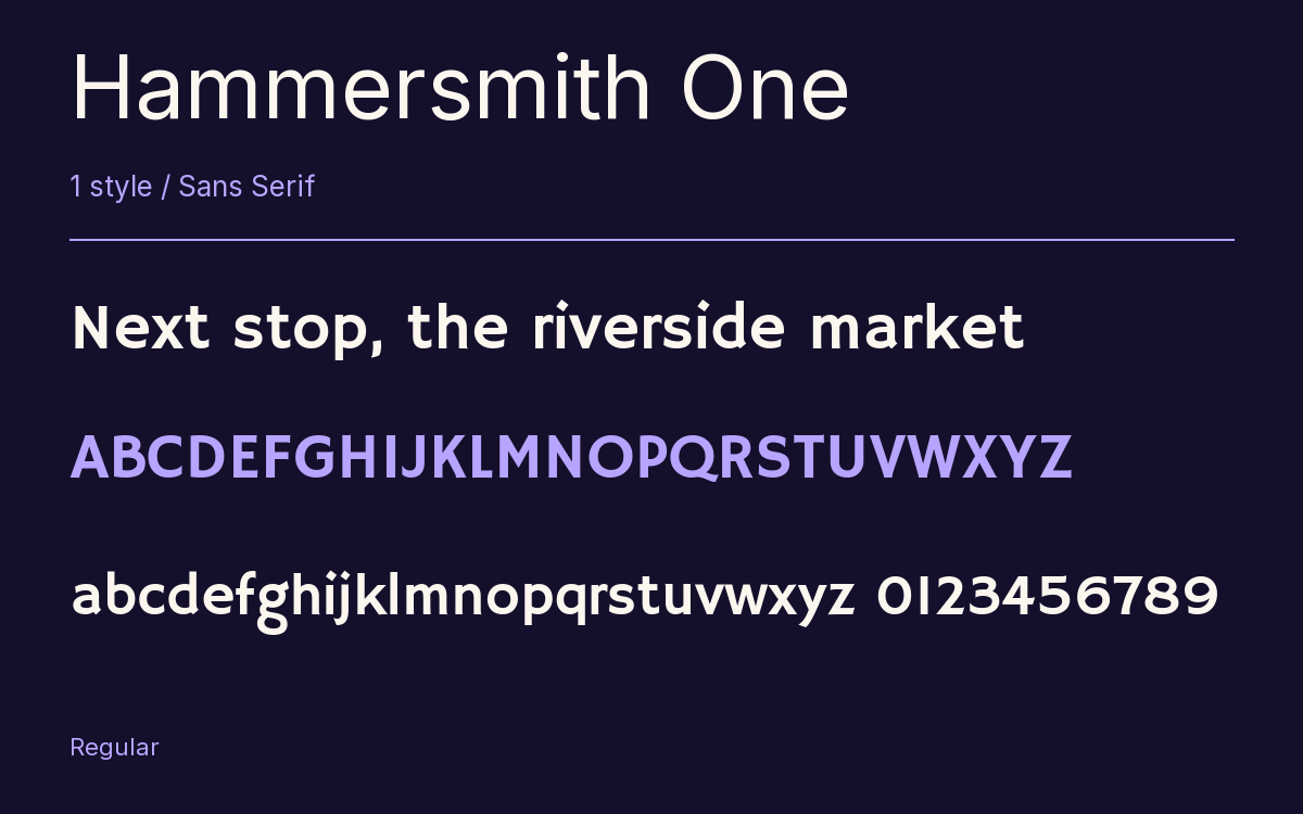 Hammersmith One type specimen with letters and figures