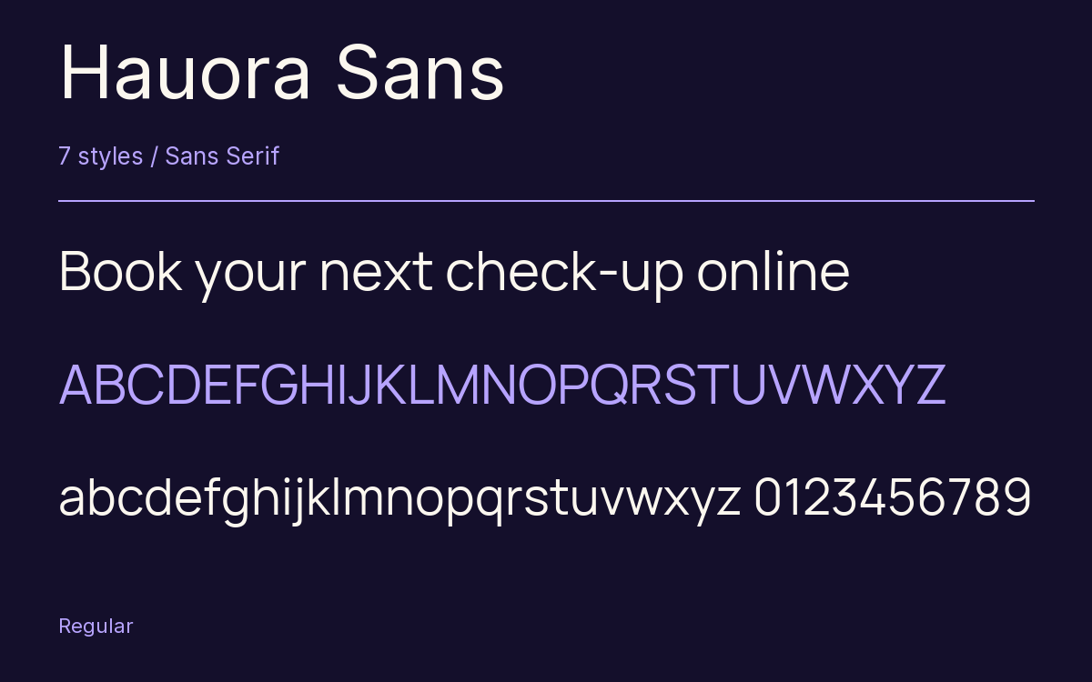 Hauora Sans type specimen with letters and figures