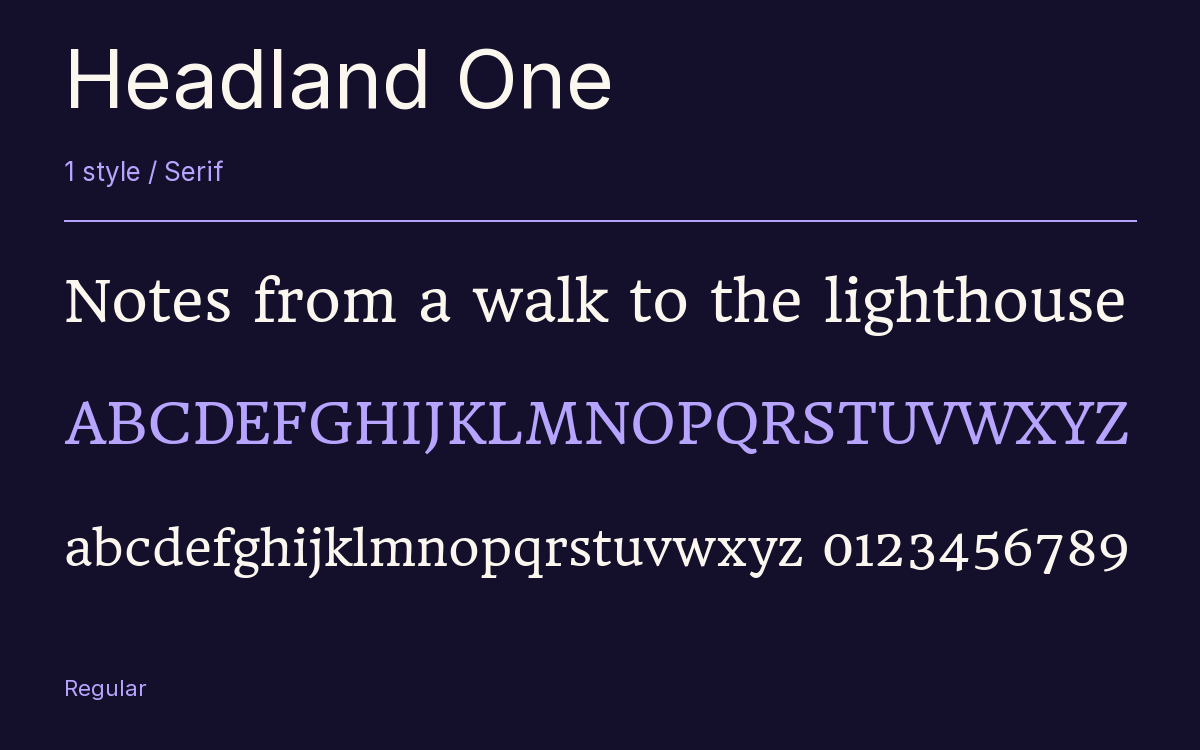Headland One type specimen with letters and figures