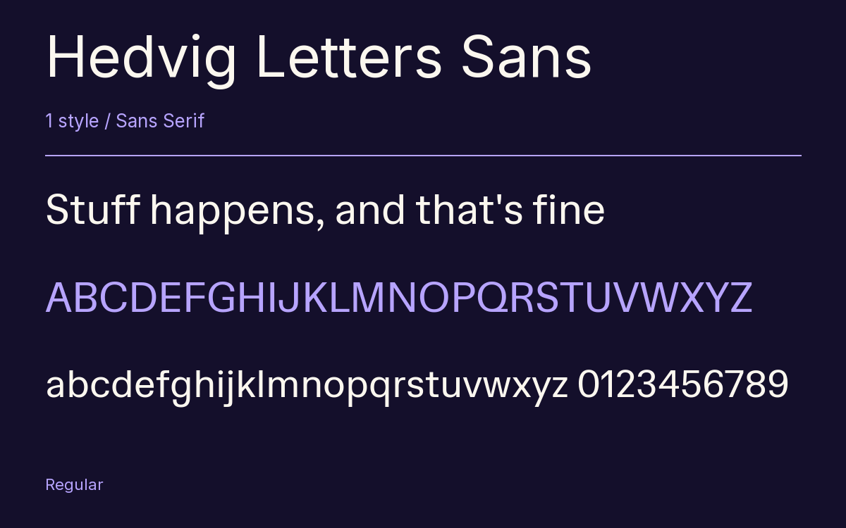 Hedvig Letters Sans type specimen with letters and figures