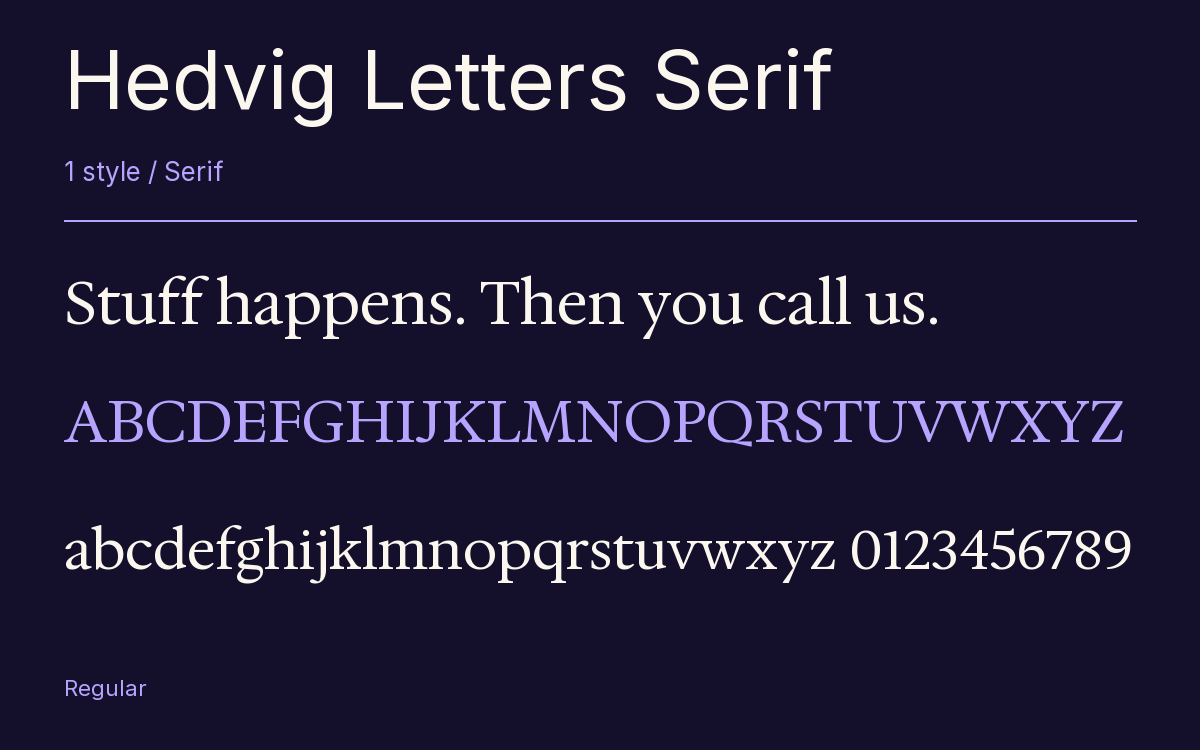 Hedvig Letters Serif type specimen with letters and figures
