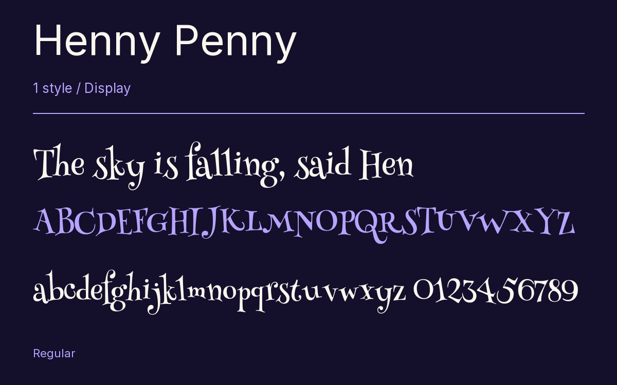 Henny Penny type specimen with letters and figures