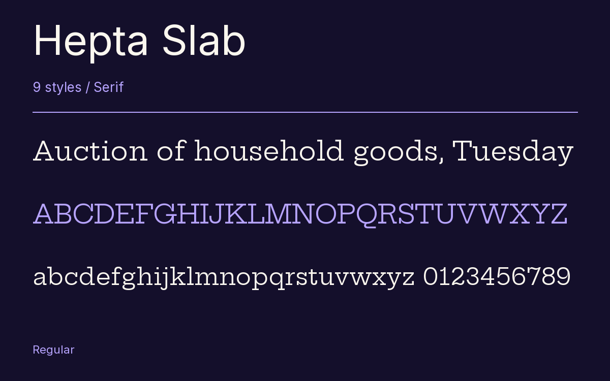 Hepta Slab type specimen with letters and figures