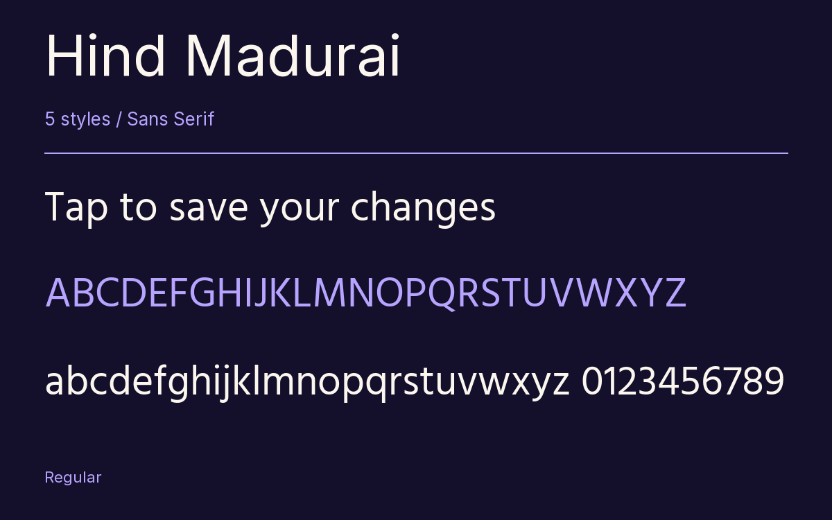 Hind Madurai type specimen with letters and figures