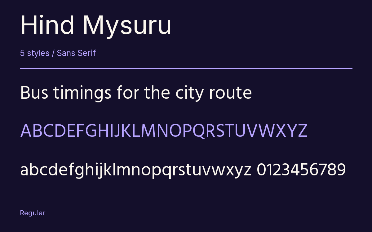 Hind Mysuru type specimen with letters and figures