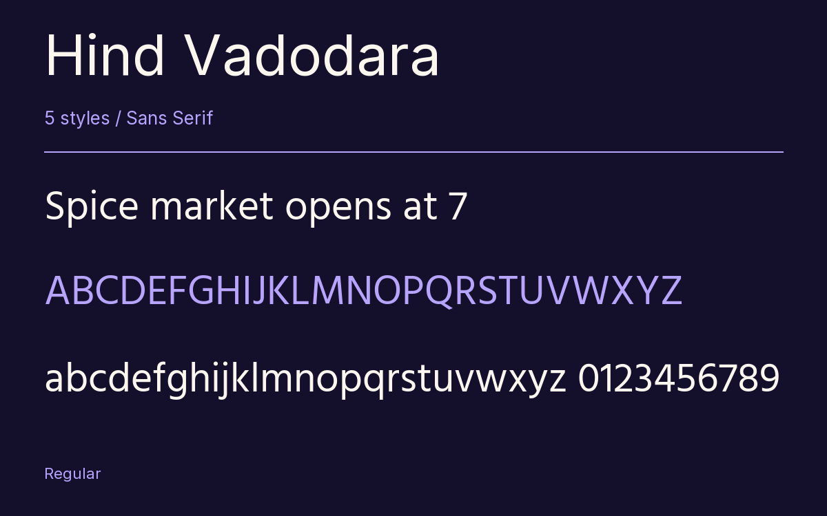 Hind Vadodara type specimen with letters and figures