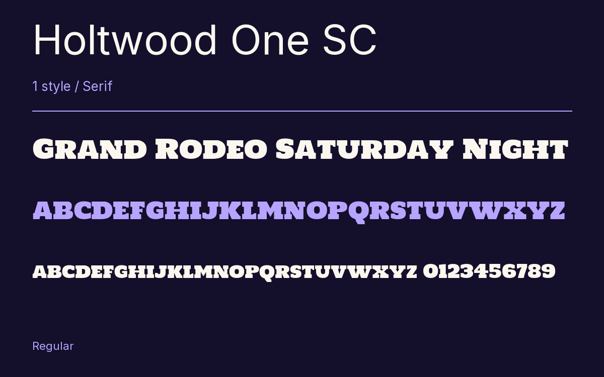 Holtwood One SC type specimen with letters and figures