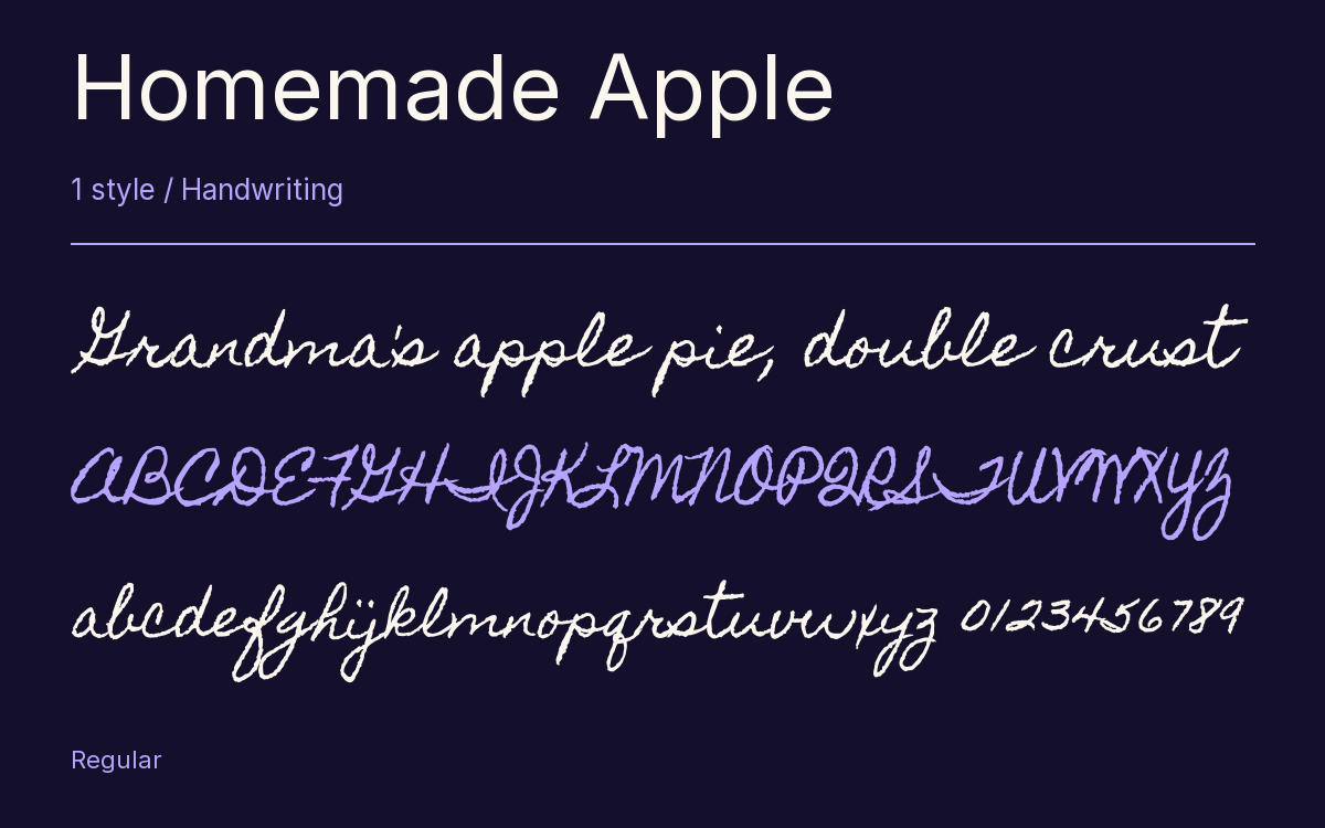 Homemade Apple type specimen with letters and figures