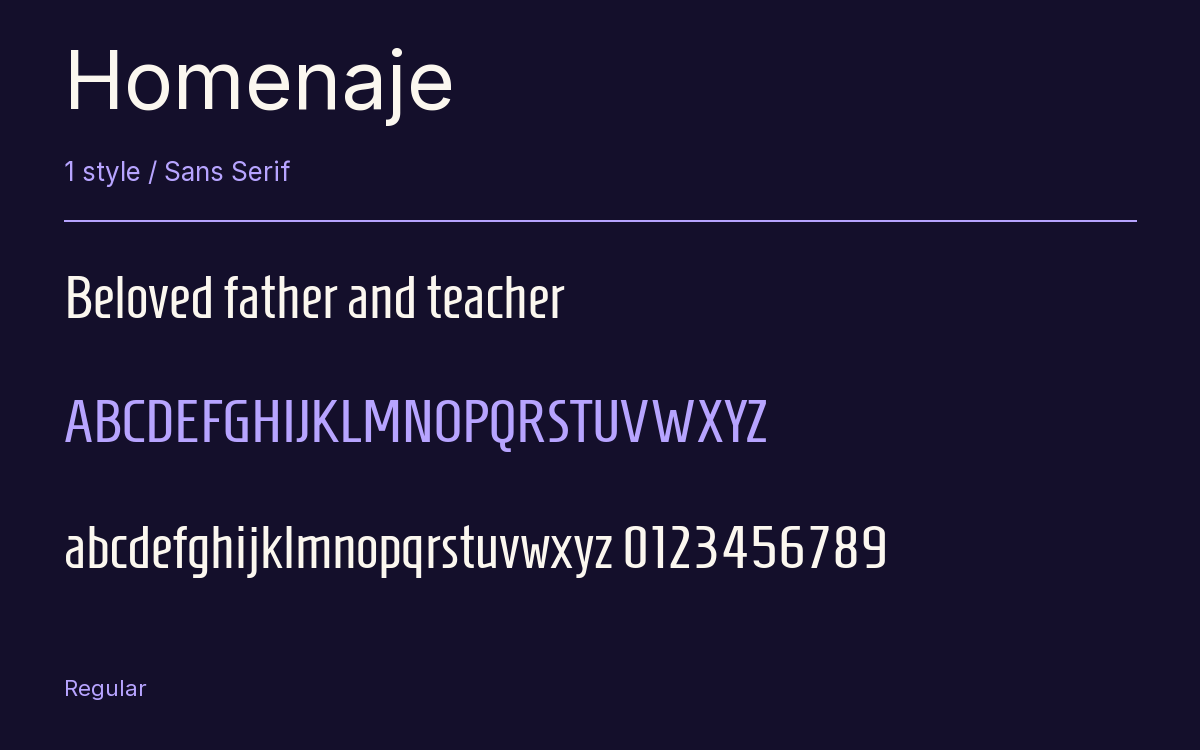 Homenaje type specimen with letters and figures