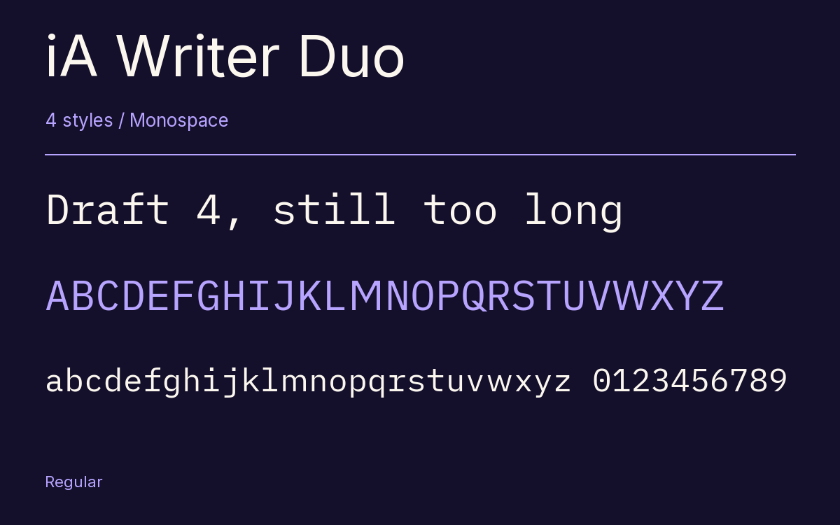 iA Writer Duo type specimen with letters and figures