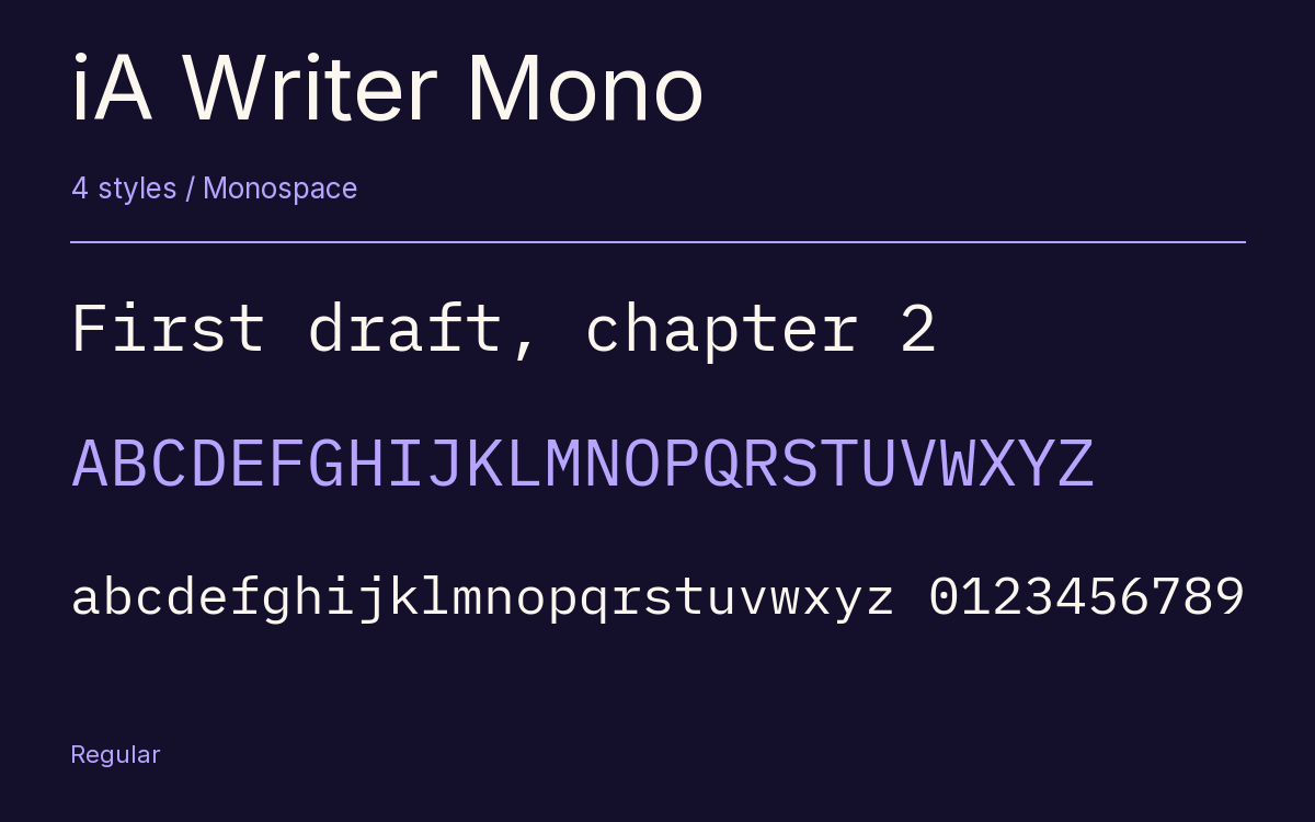 iA Writer Mono type specimen with letters and figures