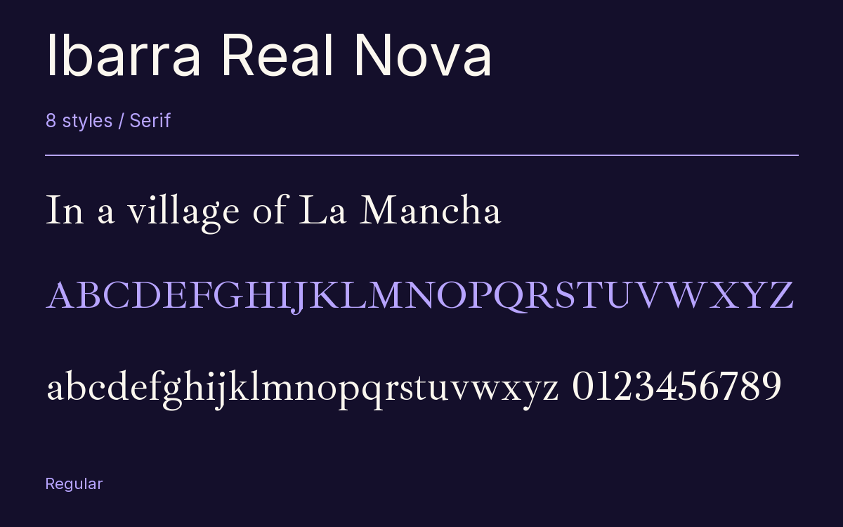 Ibarra Real Nova type specimen with letters and figures