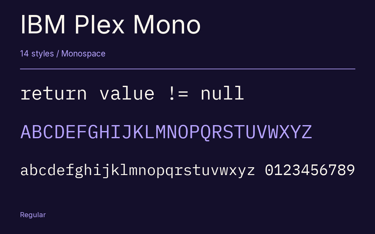 IBM Plex Mono type specimen with letters and figures