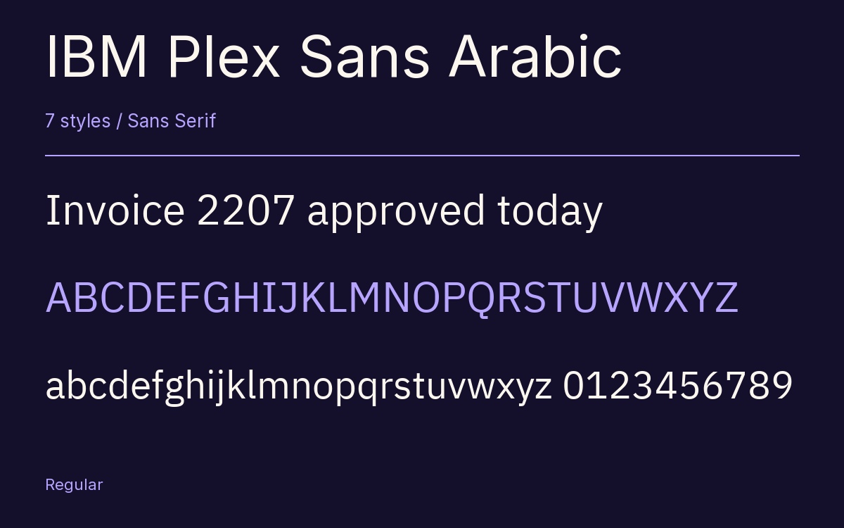 IBM Plex Sans Arabic type specimen with letters and figures