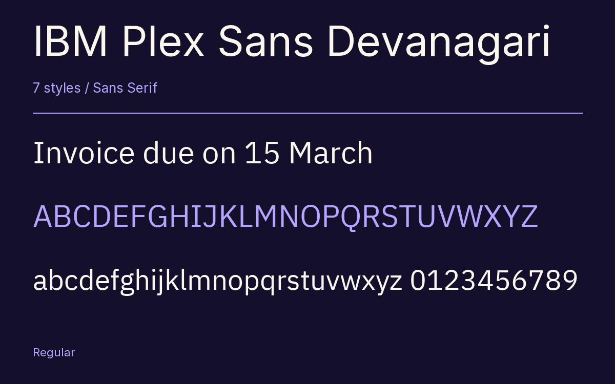 IBM Plex Sans Devanagari type specimen with letters and figures
