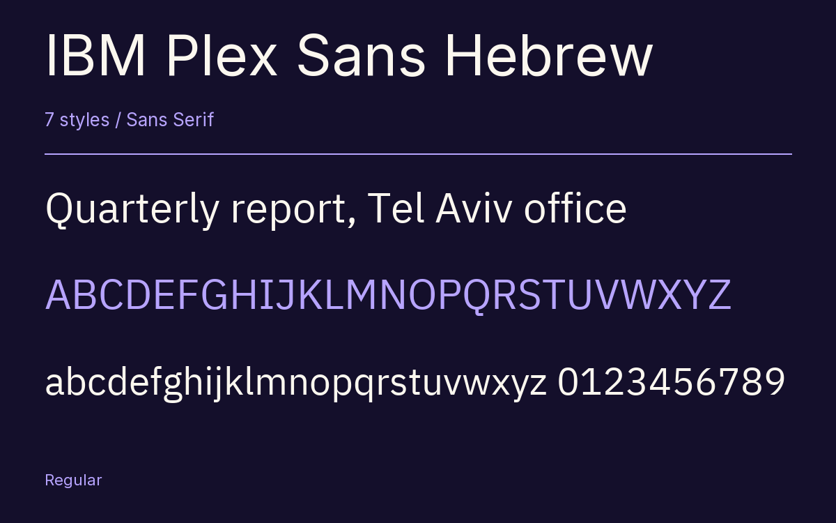 IBM Plex Sans Hebrew type specimen with letters and figures