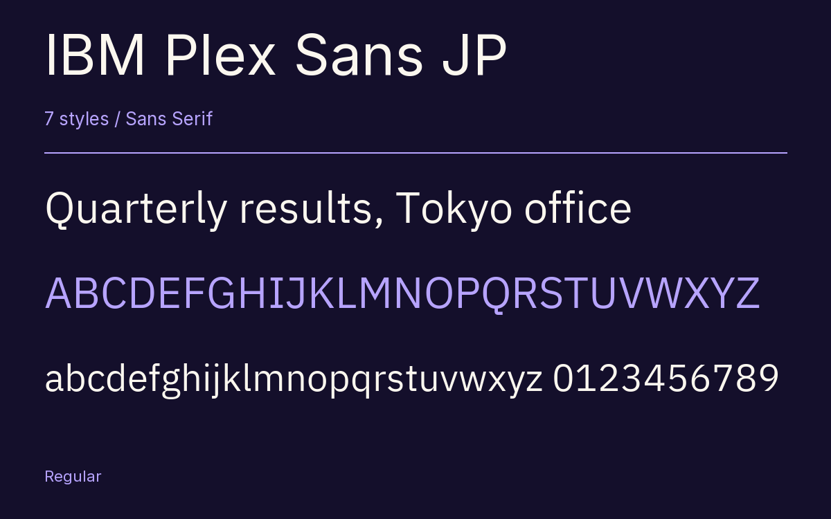 IBM Plex Sans JP type specimen with letters and figures