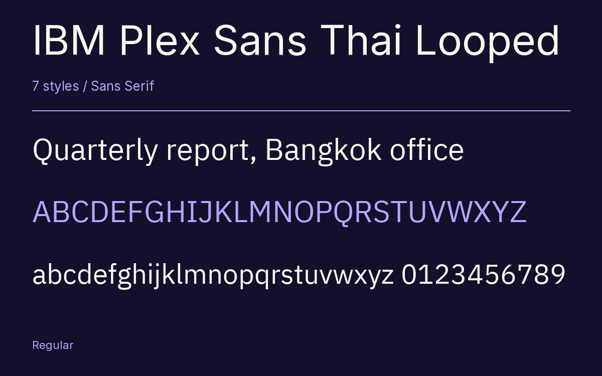 IBM Plex Sans Thai Looped type specimen with letters and figures