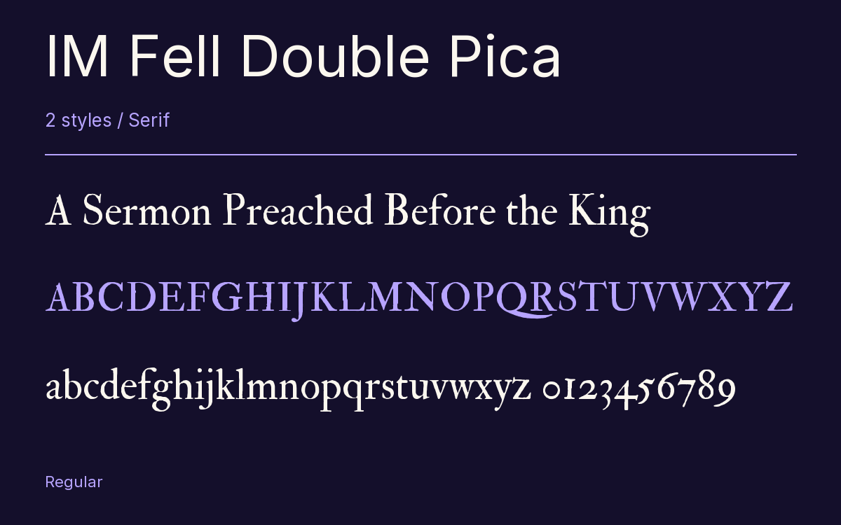 IM Fell Double Pica type specimen with letters and figures