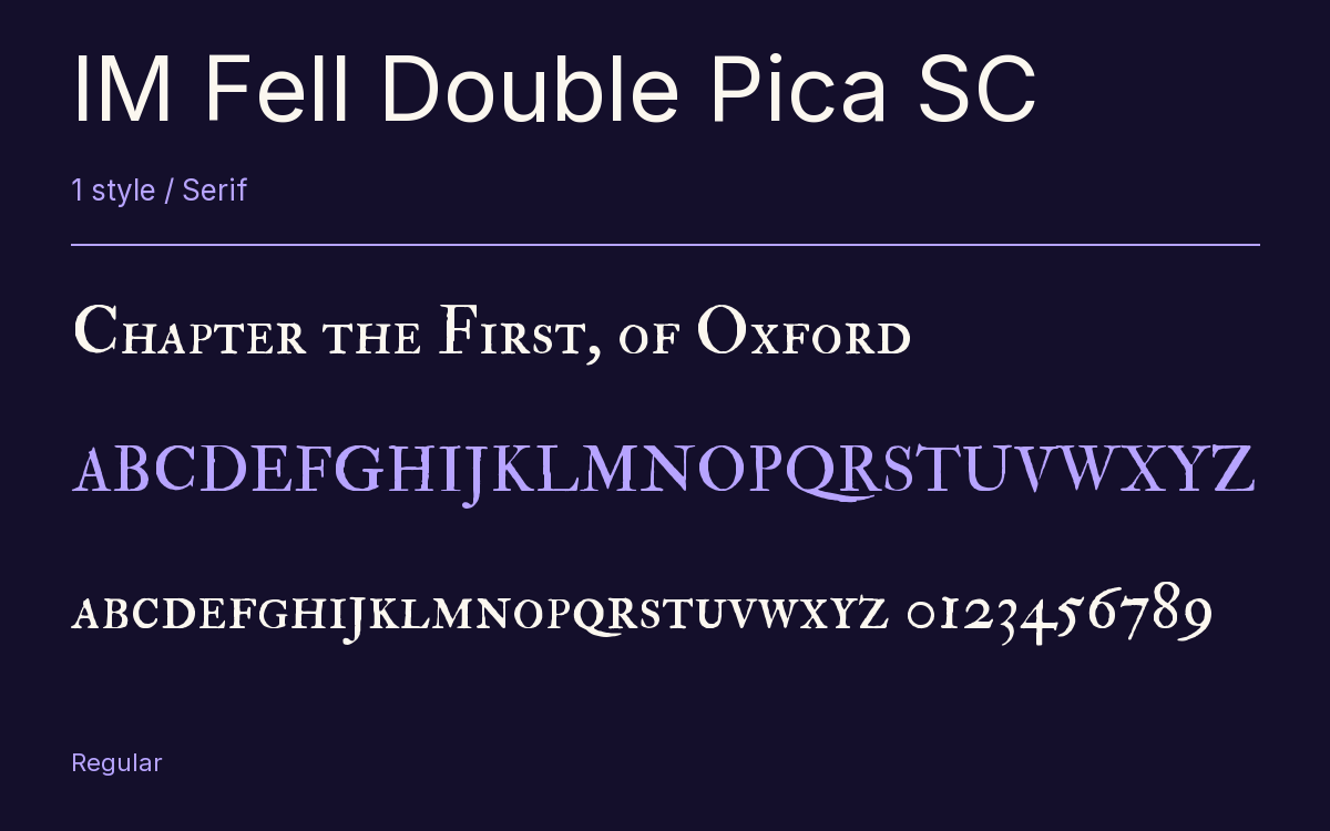 IM Fell Double Pica SC type specimen with letters and figures