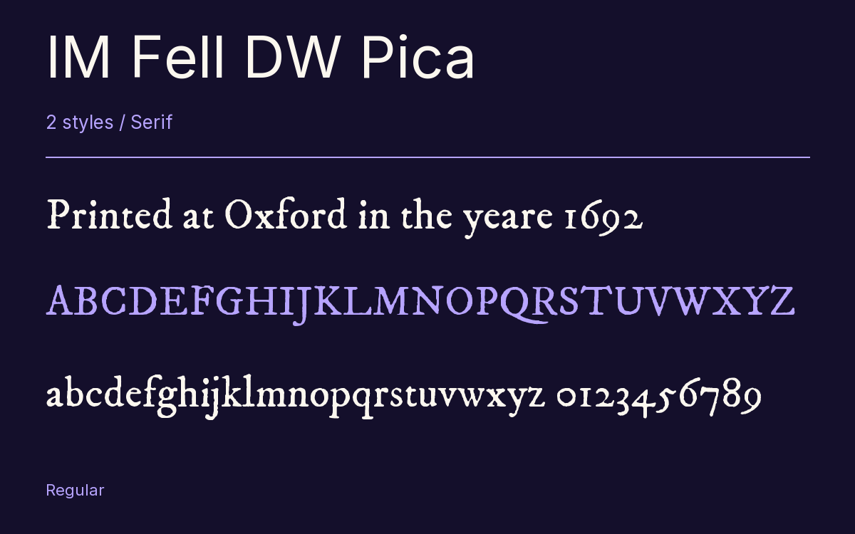 IM Fell DW Pica type specimen with letters and figures