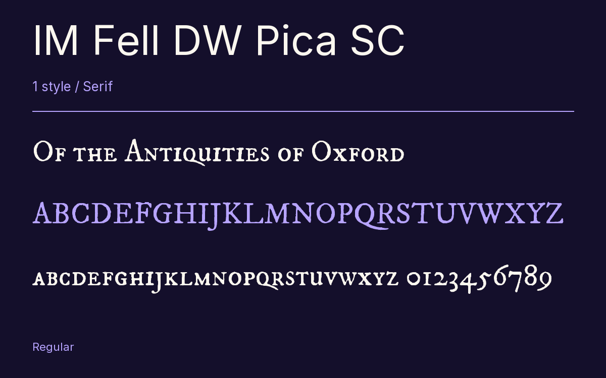 IM Fell DW Pica SC type specimen with letters and figures