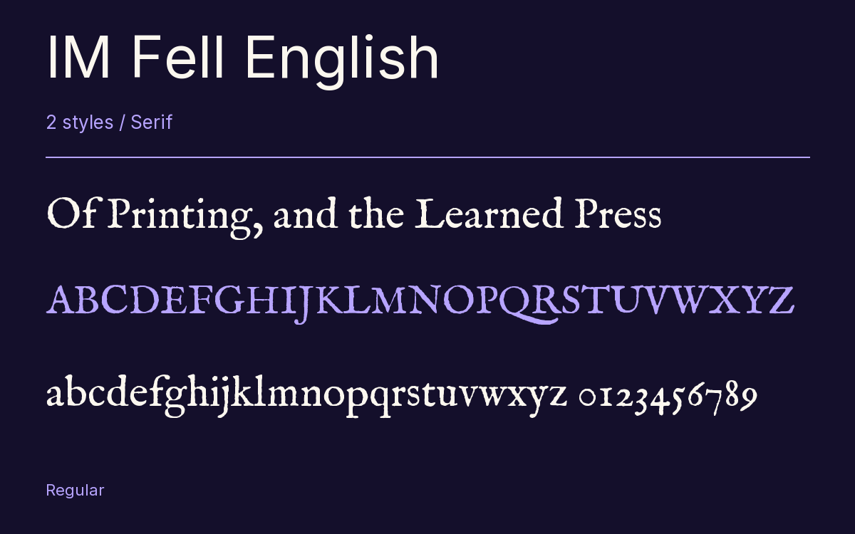 IM Fell English type specimen with letters and figures