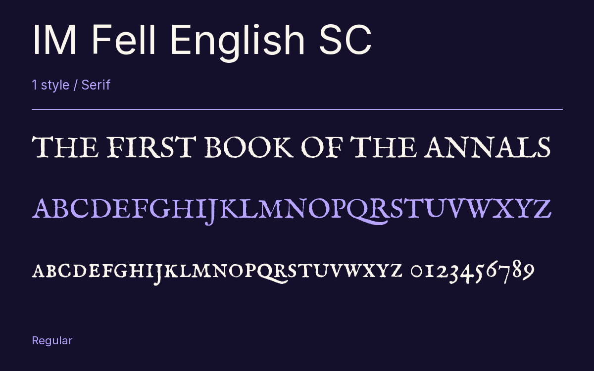 IM Fell English SC type specimen with letters and figures