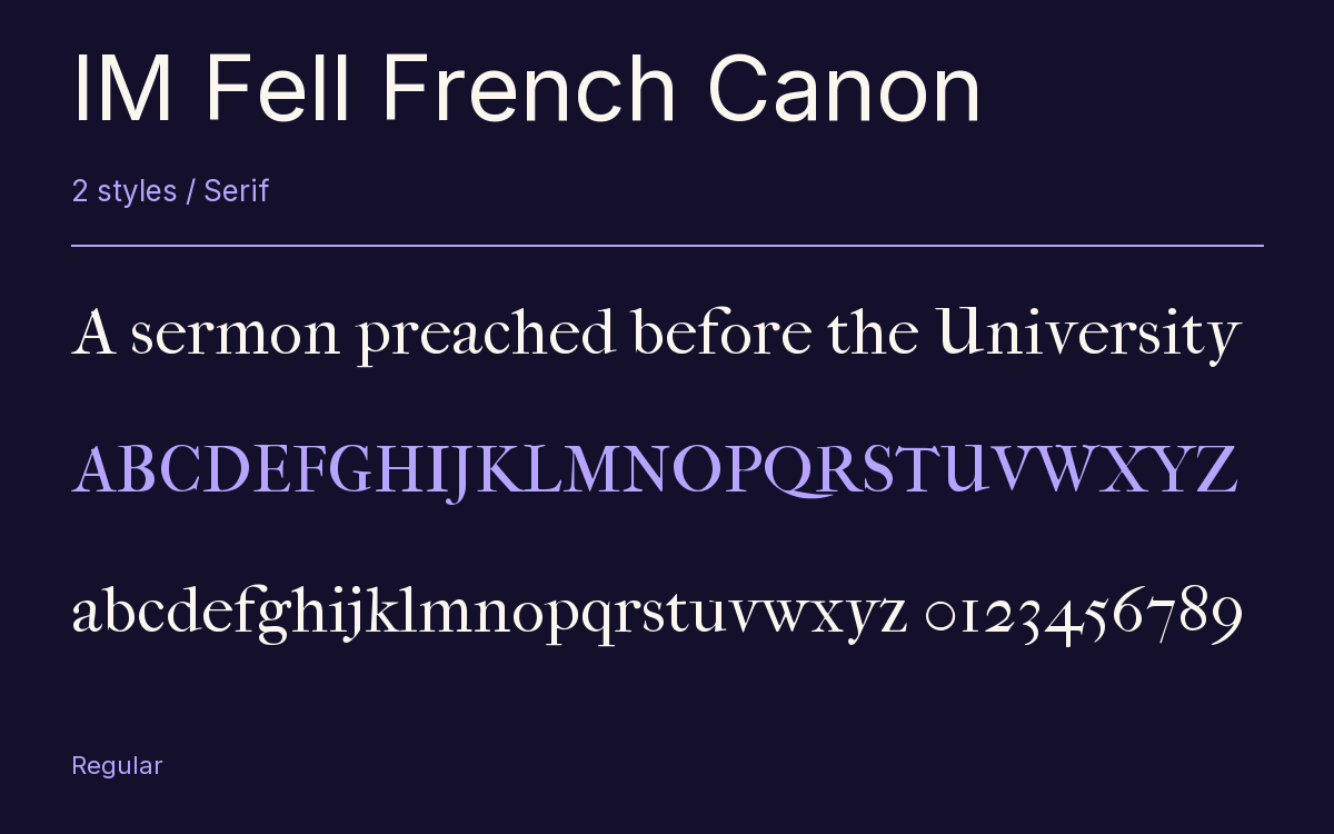 IM Fell French Canon type specimen with letters and figures